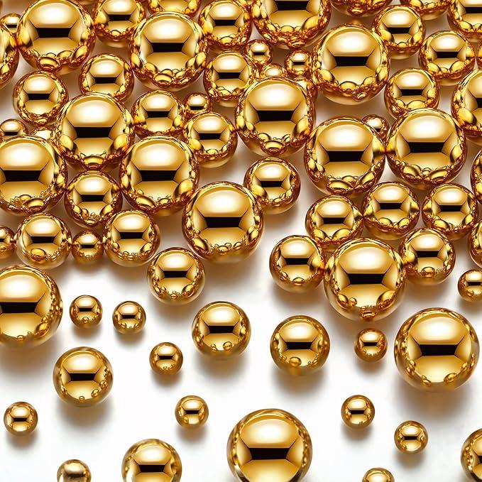 Junkin 300 Pcs Christmas Vase Filler Faux Pearls Vase Makeup Beads Bulk No Hole Gloss Pearl Beads Mixed Sizes Round Pearls for Wedding Home Table Birthday Decoration, 8/14/20 mm (Gold)