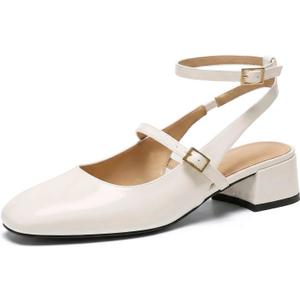 Womens Square Toe Mary Jane Pumps Chunky Low Heels Ankle Strap Slingback Wedding Party Dress Shoes (7.5, White)