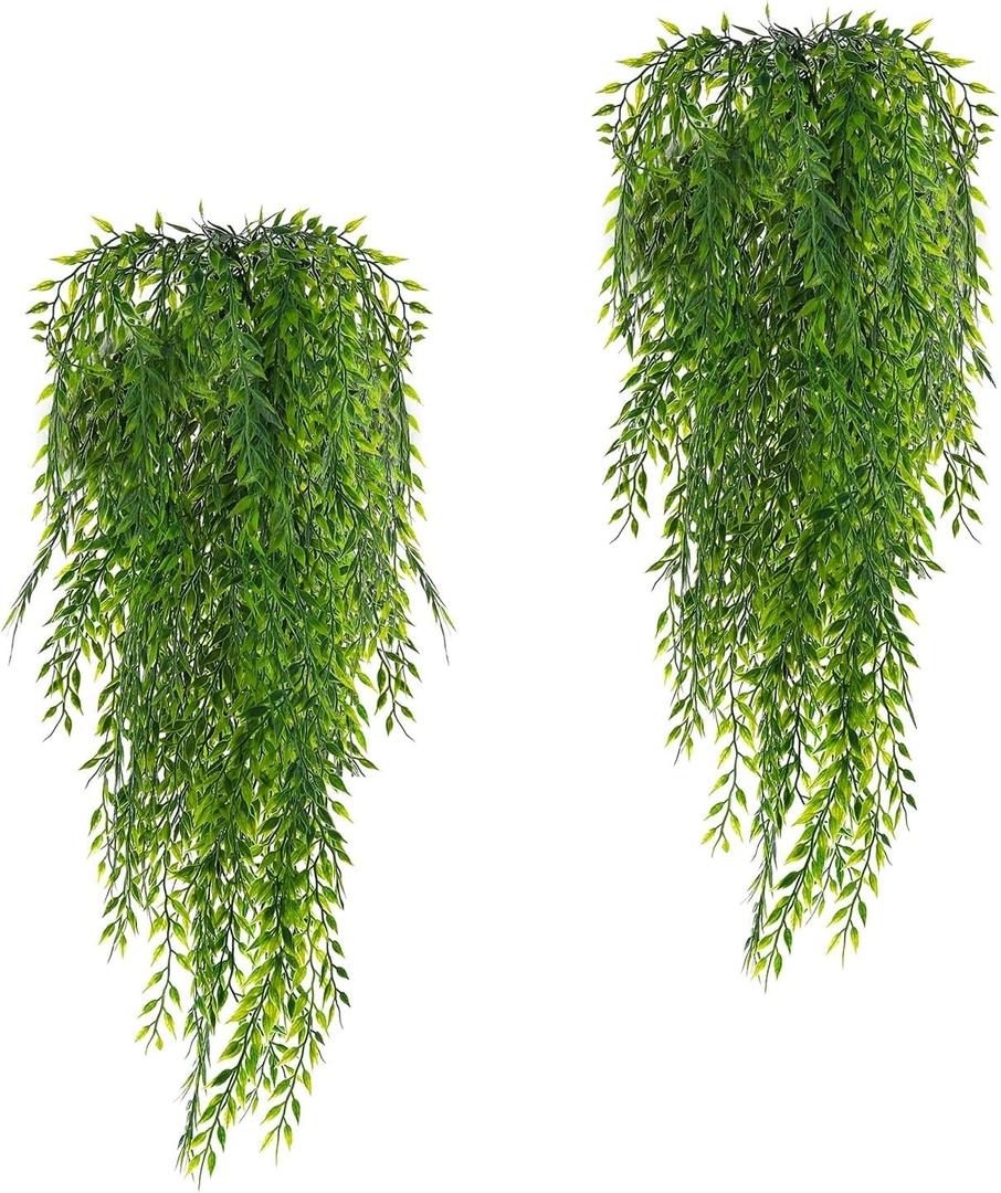 Fake Garland Hanging Vines 4 PC Artificial Weeping Willow Leaves Fake Greenery Faux Plants Realistic Home Office Decoration Indoor Outdoor (Green)