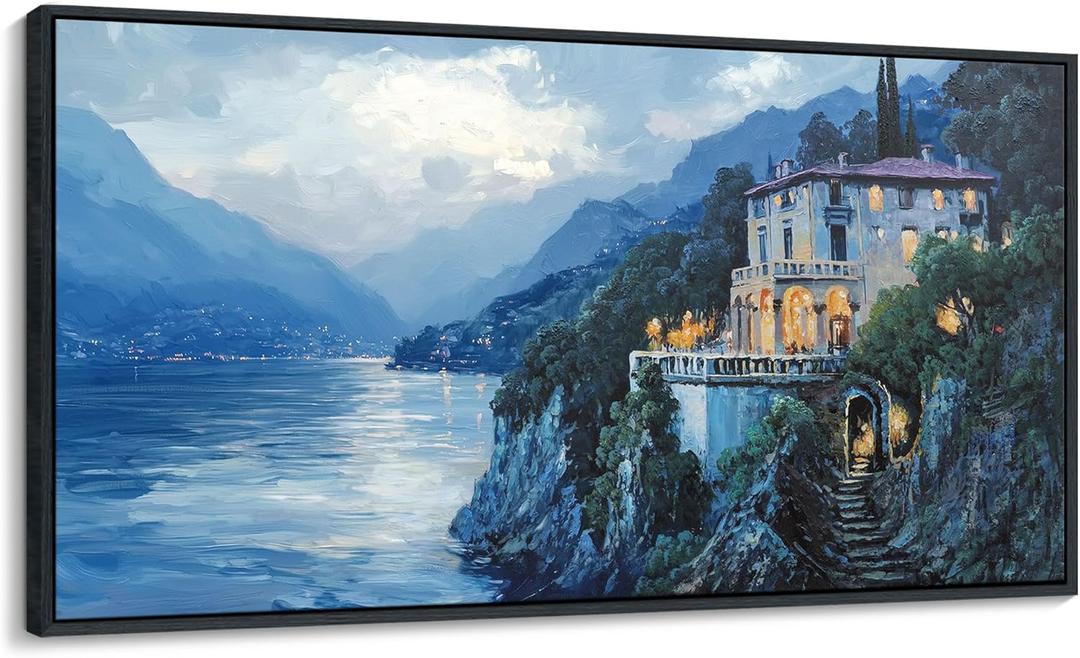 QZQCBLC Landscape Canvas Wall Art, Blue Mountains Lake Houses Green Trees Scenery Framed Paintings Artwork for Living room Bathroom Bedroom Home Office Wall Pictures Decor 20x40 IN (40L" x 20W")