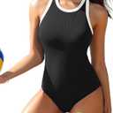 Charmo Women One Piece Swimsuit Zipper Back Ribbed Swimwear Sporty Racerback High Neck Bathing Suit (Large, Black)