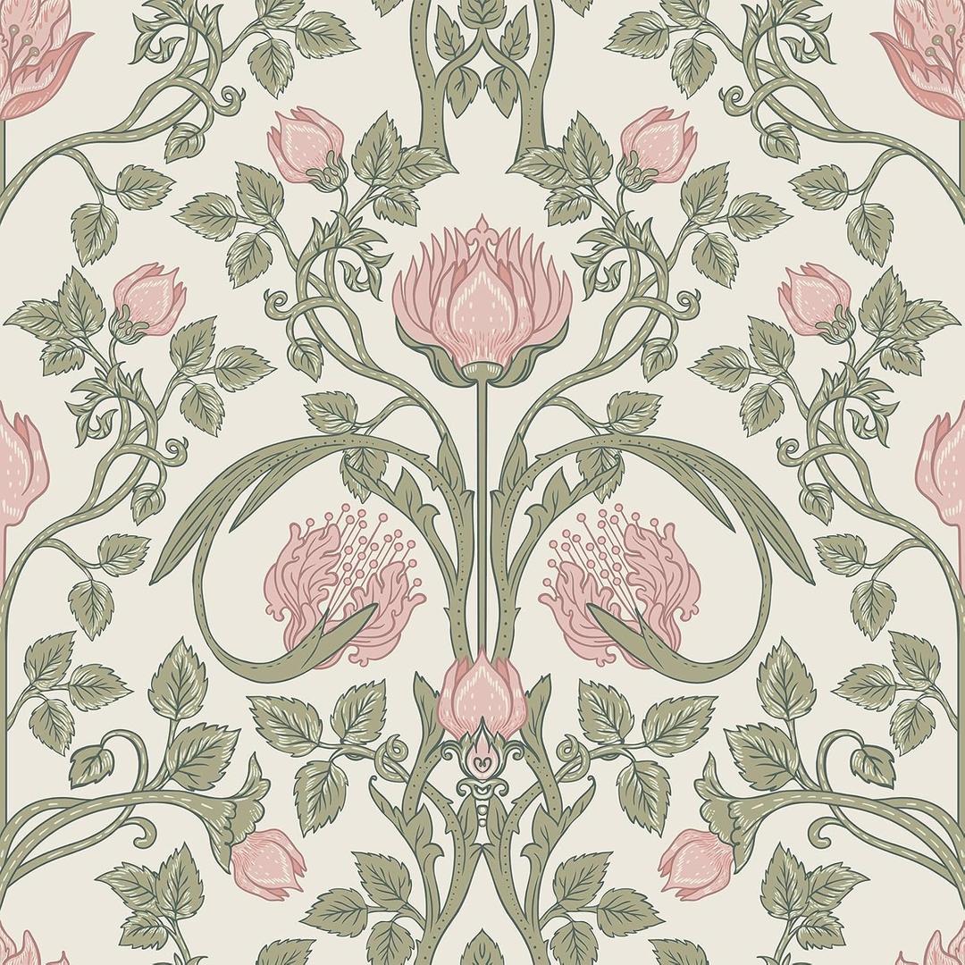 VEELIKE Vintage Art Nouveau Pink Floral Wallpaper Peel and Stick William Morris Wallpaper 17.7''x118'' Self Adhesive Contact Paper Removable Victorian Damask Wall Paper for Bedroom Bathroom Furniture