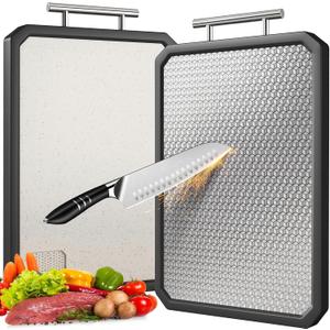 LOZOVIN Stainless Steel Cutting Board with Durable Anti-scratch Grid Design, Large 1612 Double Sided Non Toxic Chopping Board for Kitchen, Dishwasher Safe, Non-slip Edge, Garlic Grinding Area