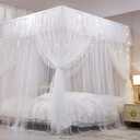 VETHIN 4 Corners Post Ruffle Princess Bed Canopy Curtain-Double Layer Cozy Drape Netting 4 Opening Mosquito Net for Girls Adults Bedroom Decoration (White/White, 47" W*78" L*82" H/Twin)