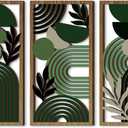 LB Modern Geometric Wall Art Set of 3, Boho Abstract Mid Century Wall Decor Wooden Framed, Green Striped Black Leaf Hanging Decoration for Living Room Bedroom Home Office, 15.8 x 8 inches