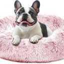 JOLLYVOGUE Calming Dog Bed Medium Size Dog, Anti-Anxiety Donut Medium Pet Bed, 27 inches Fluffy Faux Fur Round Cat Bed (Smoke Pink) (27.0"L x 27.0"W x 8.0"Th)