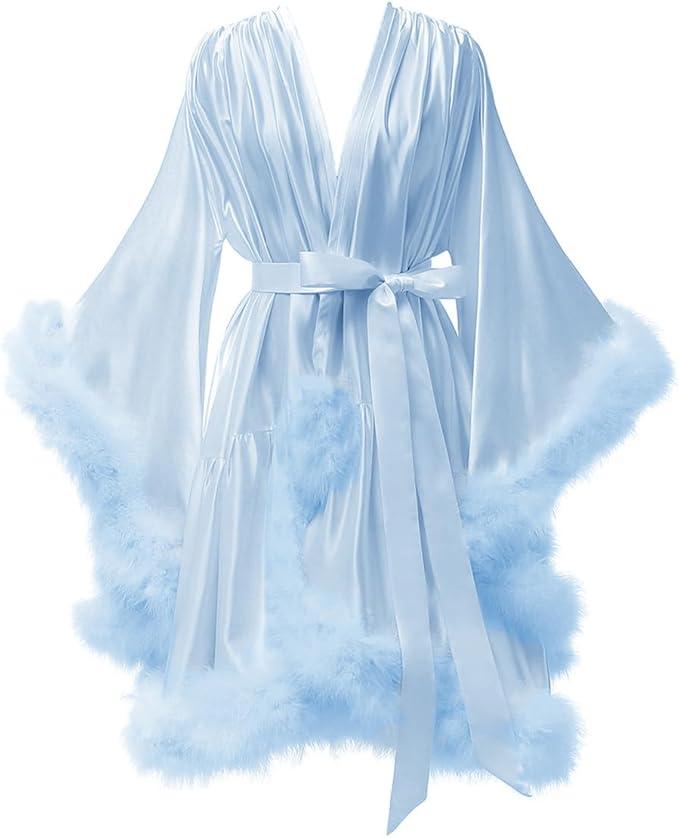 Feather Fur Robe Silk Satin Bridal Dressing Gown Sexy Illusion Lingerie Nightgown Bathrobe Sleepwear Small