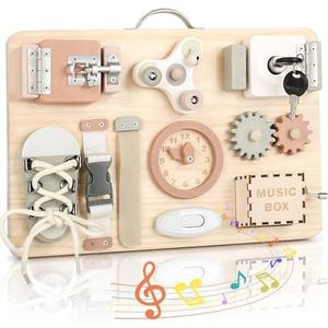 Joyreal Montessori Busy Board for Toddlers - Wooden Sensory Board Activity Board for Fine Motor Skills, Travel Baby Busy Board Sensory Toys for Kids