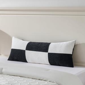 Fancy Homi Set of 1 Black and White Boho Long Lumbar Body Decorative Throw Pillow Cover 21x54 Inch for Bed Couch Bedroom Bench, Soft Patchwork Corduroy Textured Pillow Case, Modern Room Decor