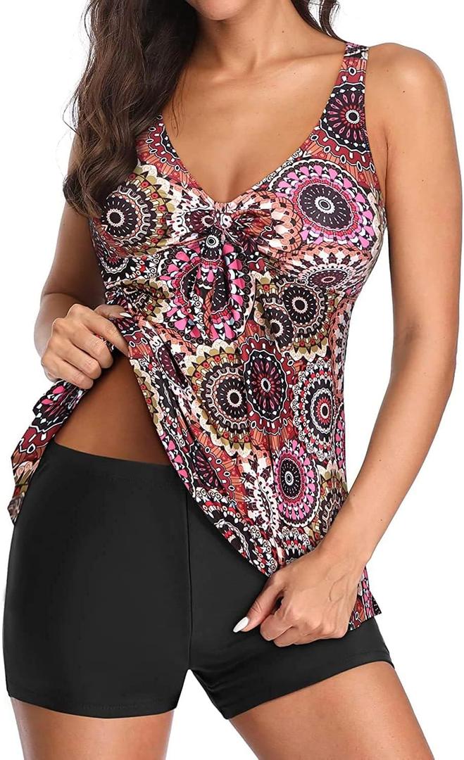 Yonique Women 2 Piece Flowy Tankini Swimsuits with Boyshorts V Neck Swim Tank Tops Bathing Suits Modest Swimwear (X-Large, Mandala)