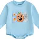 Baby Boy Girl Halloween Boo Outfit Candy Corn/Pumpkin/Spiderweb Oversized Sweatshirt Romper Newborn Fall Clothes (Blue)