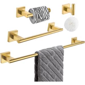 Suyar Brushed Gold Bathroom Accessories, SUS 304 Stainless Steel Bathroom Hardware Set 4 Pieces, Include Robe Hook, Toilet Paper Holder, Hand Towel Holder, Towel Bar, Wall Mount