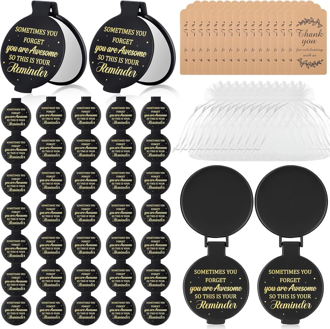 Geetery 50 Sets Inspirational Compact Mirror Bulk Employee Appreciation Gifts Round Makeup Mirror Personal Purse Pocket Mini Mirror with Thank You Tags and Organza Bags for Women Coworker Teacher