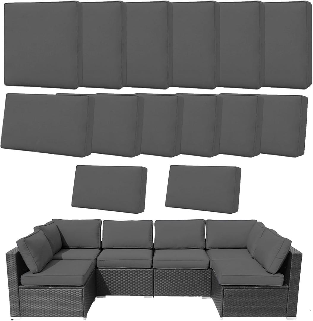 14Pcs Outdoor Cushion Covers Replacement Washable Waterproof UV w/Zipper for 6-Seaters Sofa Patio Slipcovers Set Seat and Back Covers Only (Charcoal Gray, 23.6x23.6inch)