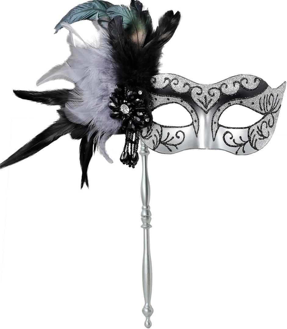 MYSEUNI 2025 New Masquerade Mask for Women with Stick - Shiny Women's Feather Mardi Gras Venetian Mask for Costume Accessory