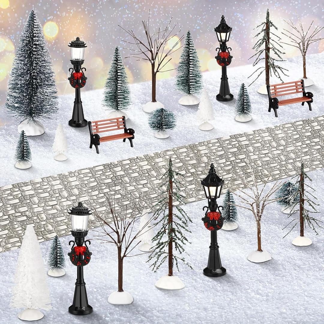 Hotop 28 Pcs Mini Artificial Christmas Village Tree Set Snow Christmas Pine Bare Branch Trees Xmas Street Lamp Post Miniature Park Bench Seat Cobblestone Street for Decoration(Vivid)