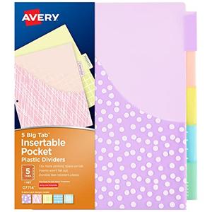 Avery Dividers for 3 Ring Binders, 5 Tab Plastic Binder Dividers, Pockets, Insertable Big Tabs, Pastel Classic Designs, Expands Beyond Sheet Protectors, 2 Set (07714)