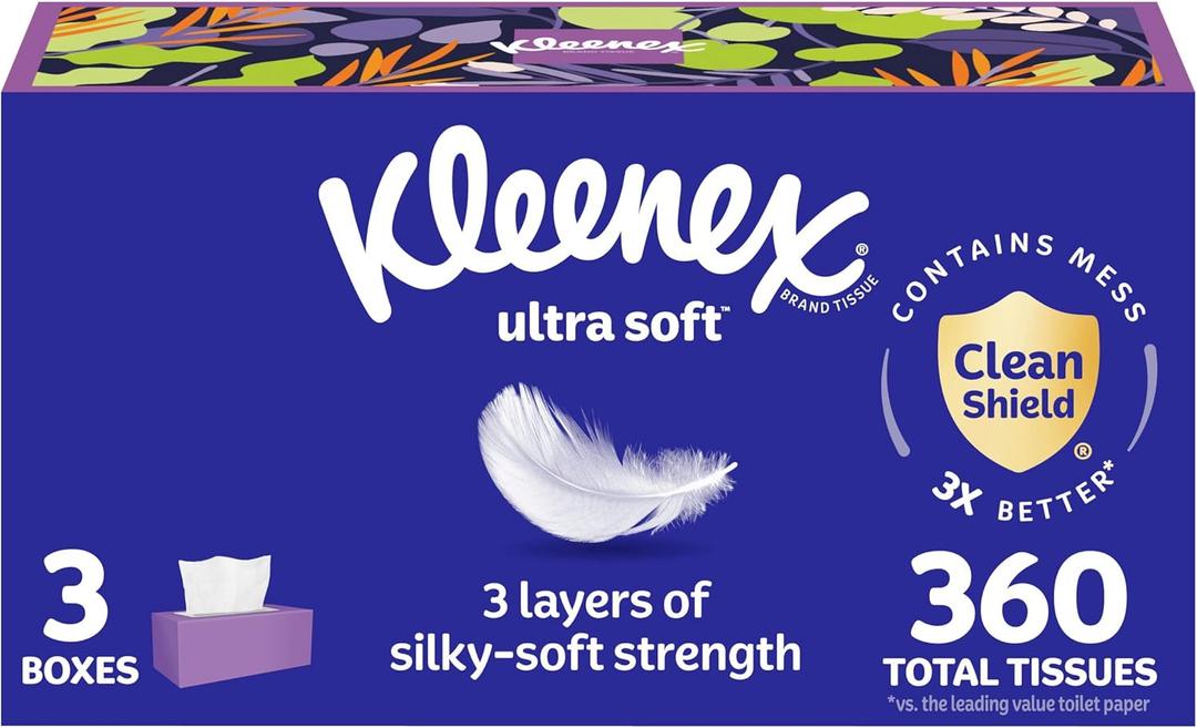 Kleenex Ultra Soft Facial Tissues, 3 Flat Boxes, 120 Tissues per Box, 3-Ply (360 Total) (White)