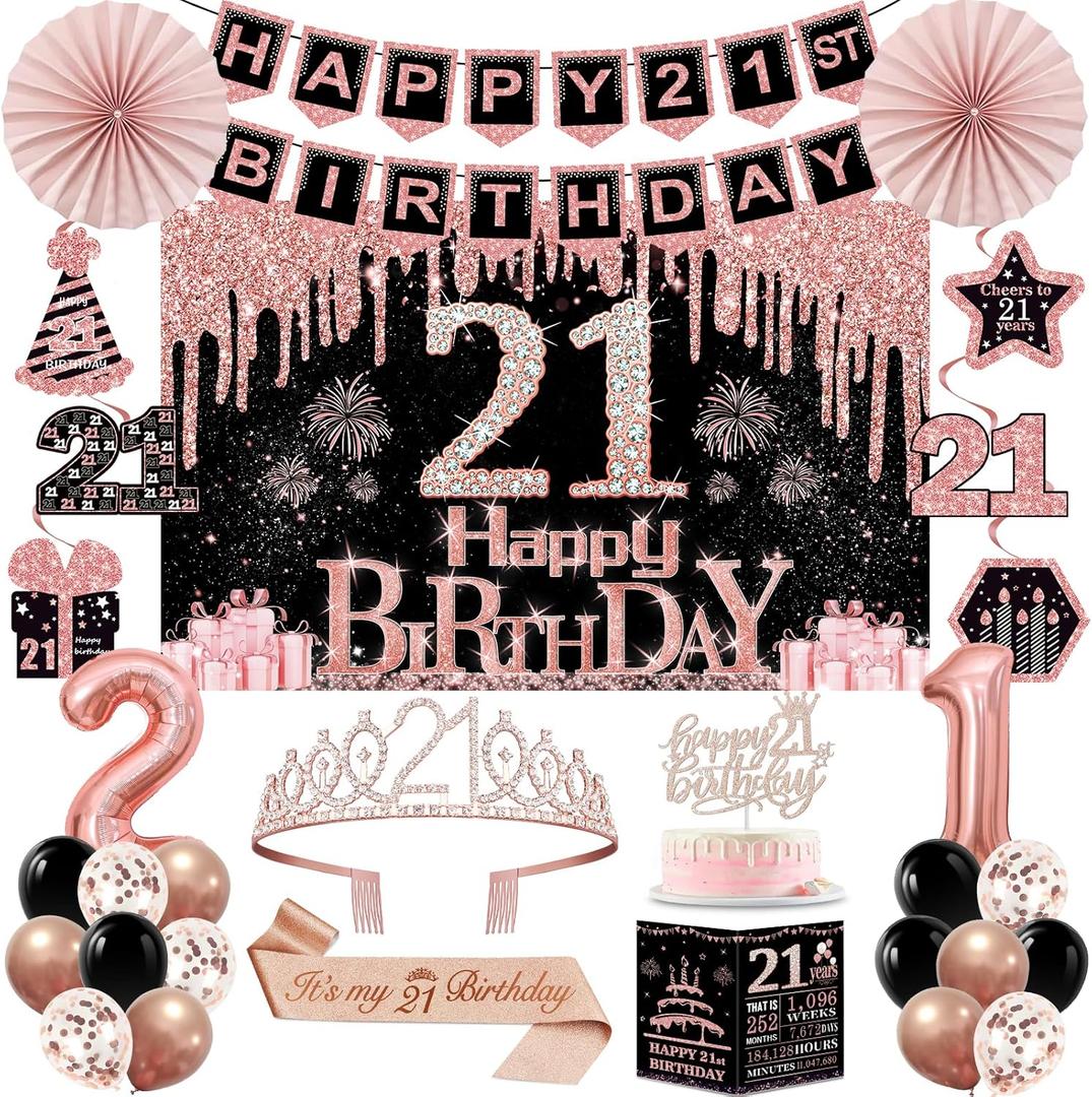 21st Birthday Decorations for Her Women,32PCS 21st Birthday Party Decorations,Including Backdrop, Crown, Sash, banner, Hanging Swirl,balloons,Cake Topper,Paper Fans and Anniversary Card