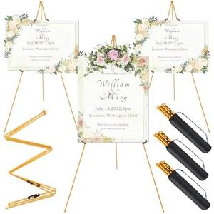 3 Pack Easel Stand for Wedding Sign & Poster 63" Foldable and Adjustable Floor Metal Easels for Display Painting Arts,with Portable Bag,Gold