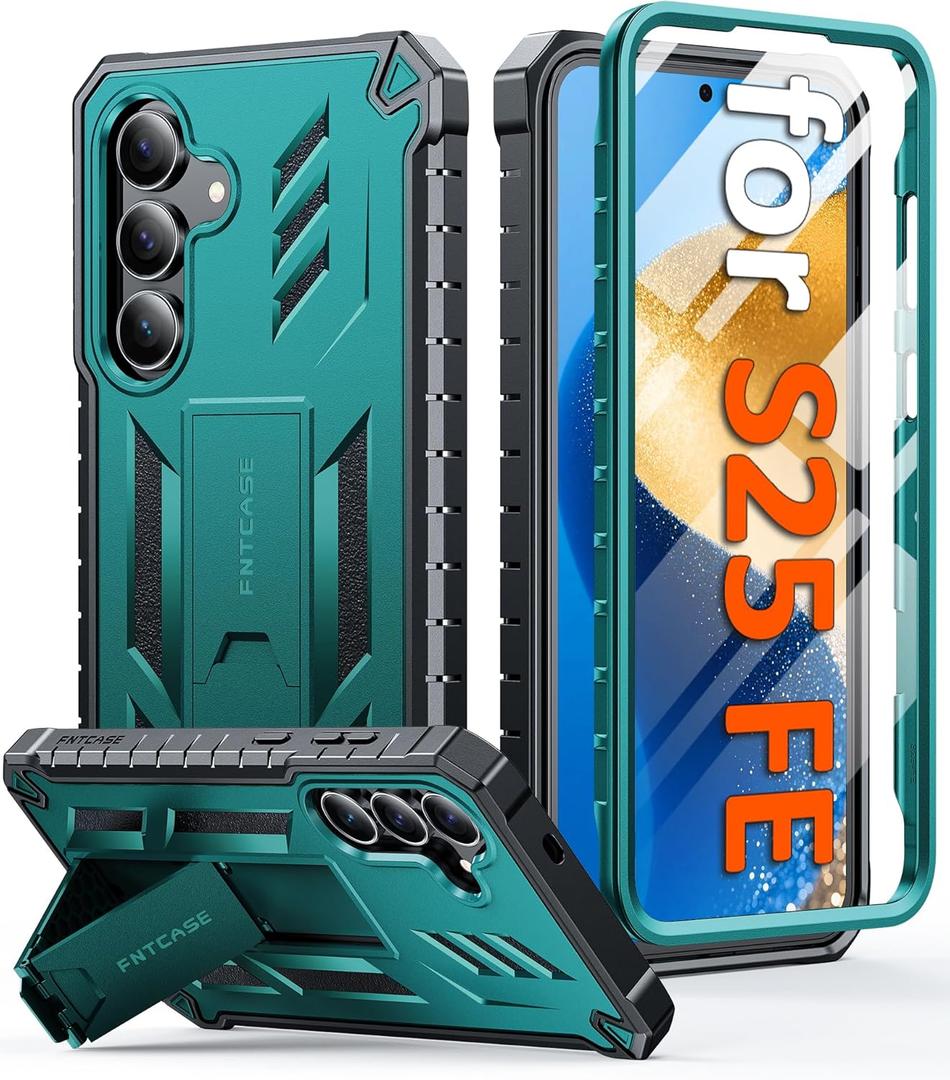 FNTCASE for Samsung Galaxy S25-FE Case: with [Built-in Screen Protector & Kickstand] [Military-Grade Drop Protection] Heavy Duty Protective Full Body Shockproof Rugged Sturdy TPU Phone Cover Green