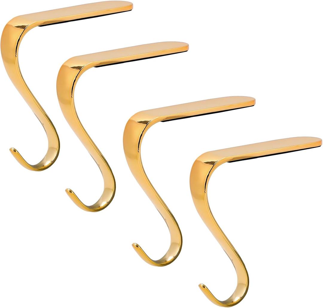 Christmas Stocking Holders Xmas Fireplace Hanger Hooks Holiday Mantel Garland Clips Metal Grips Set of 4(Gold)
