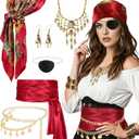 Pirate Costume Accessories Set for Women Men 6pcs Pirate Headscarf Sash Waist Chain Necklace Earrings