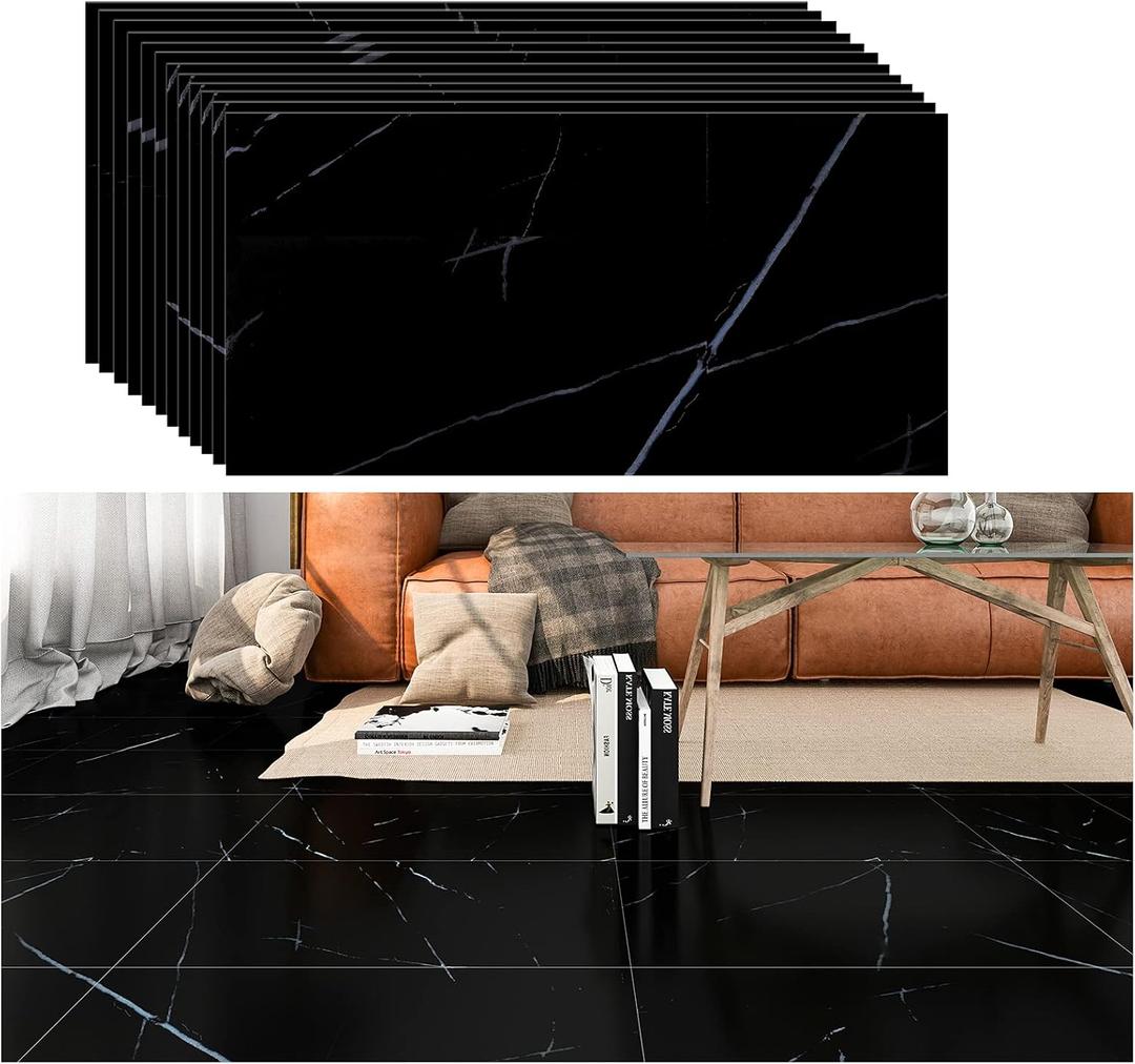 VEELIKE 12"x24" Peel and Stick Floor Tile Black Marble Stick on Tile Flooring for Bathroom Waterproof Self Adhesive Vinyl Flooring Stickers for Bathroom Kitchen Bedroom Laundry Room Garage 12 Pack