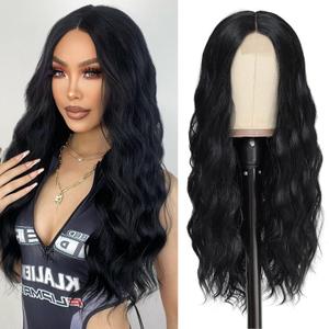 Black Wig-Long Black Wavy Wigs for Women Middle Part 26 inch Natural Curly Synthetic Wig Heat Resistant Fiber Wigs for Daily Party Use