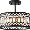Crystal Black Ceiling Light, Modern Semi Flush Mount Ceiling Lighting Fixture, Round Hallway Lighting Fixtures Chandelier for Kitchen Entryway Bedroom Dining Room, 3-Light, 12.2 Inch