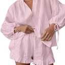 Mxiqqpltky Linen Shorts Sets Women 2 Piece Outfits Long Sleeve Tie Front Tops and Ruffled Boxer Shorts Matching Lounge Sets M