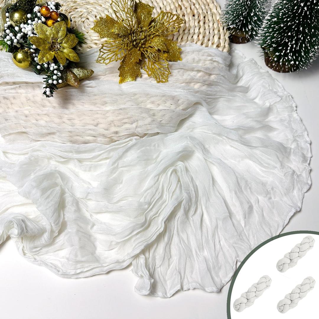 Booque Valley White Table Runner 3 Pack Cheesecloth 10ft Super Soft Boho Wrinkled Gauze Sheer Cloth for Baby Shower Baptism Birthday Party Wedding Christmas Centerpiece Table Decoration, 35x120 Inch