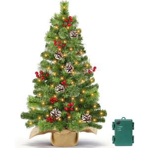 Timer - 3 ft Artificial Small Christmas Tree with 50 Warm White Lights, Mini Table top Christmas Tree, Battery Operated 100 Thick Branches Pinecones Red Berries Burlap Base Xmas Desk, Home Decor