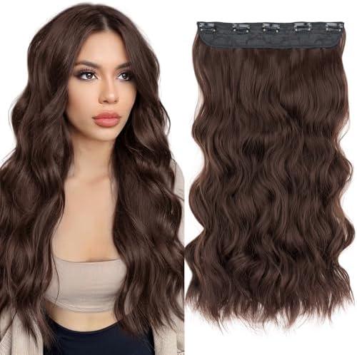 S-noilite One Piece Clip in Hair Extensions Synthetic Curly Wavy Thick Hairpieces for Women 3/4 Full Head Medium Brown Clip ins Hair Extensions 24 Inch(#10B,1pcs)