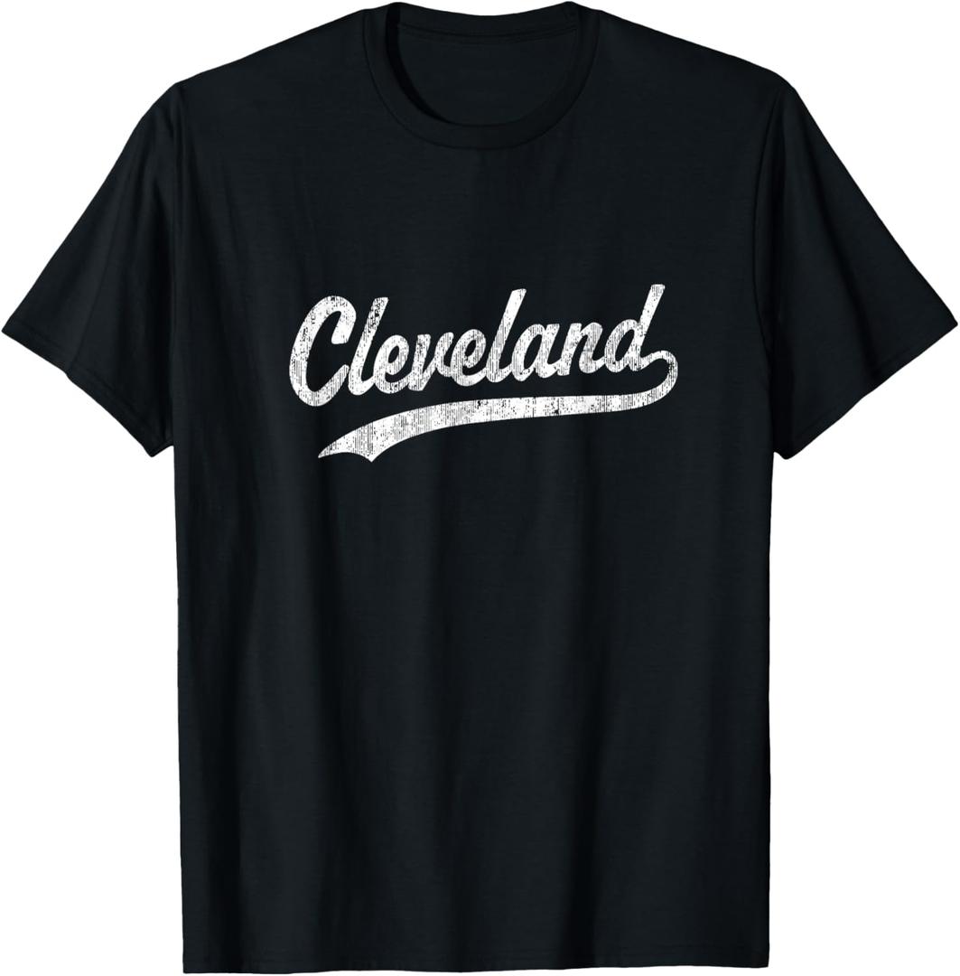 Cleveland OH Vintage Baseball Sports Script T-Shirt (Large, Black)