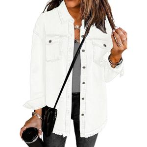 luvamia Denim Jacket for Women Oversized Button Down Casual Jean Shacket Jackets Long Sleeve Frayed Hem Western Trendy (Small, Brilliant White)
