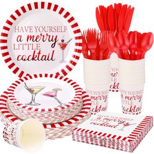 Shellwei 350 Pcs Christmas Party Supplies White Red Striped Paper Plates and Napkins Cups Have Yourself a Merry Little Cocktail Tableware Set for Christmas Carnival Party Decoration, Serves 50