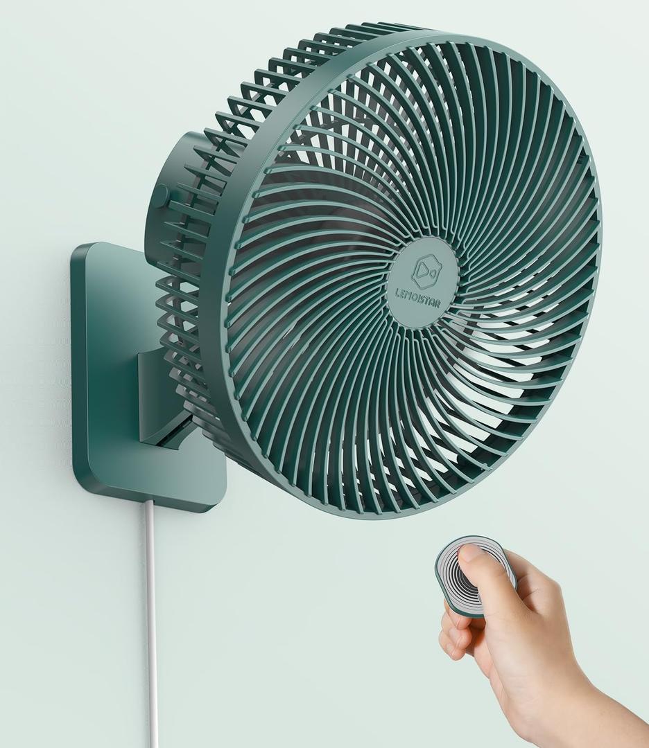 LEMOISTAR 10 Inch Wall Mounted Fan with Remote Control, 90 Oscillating, 4 Speeds, 4 Timer, Adjustable Tilt, 70 Inch Cord, Quiet, for Bedroom Garage RV Office Home Patio-Green