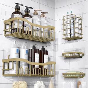5-Pack Rustproof Stainless Steel Shower Caddy  No Drill Adhesive Bathroom Organizer with Large Capacity, Spacious Shower Shelves for Inside Shower, Kitchen & Home Decor Storage (5-piece set, Matte Gold)