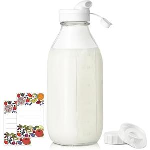 Syntic Square Liter Glass Milk Bottles with Airtight Lid - 100% Leak-Proof Heavy Duty Screw Cap, 32 Oz Glass Juice Bottles w Scale Mark, Reusable Jugs Pitcher for Homemade Juice(Extra 1 Lid and Pen)