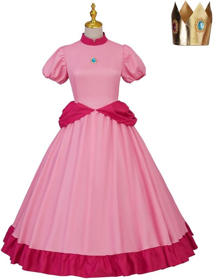 Willyacos Womens Super Brothers Princess Peach Costume Halloween Party Dress Sexy Pink Princess Dress Cosplay for Adult (Medium, Long Style)