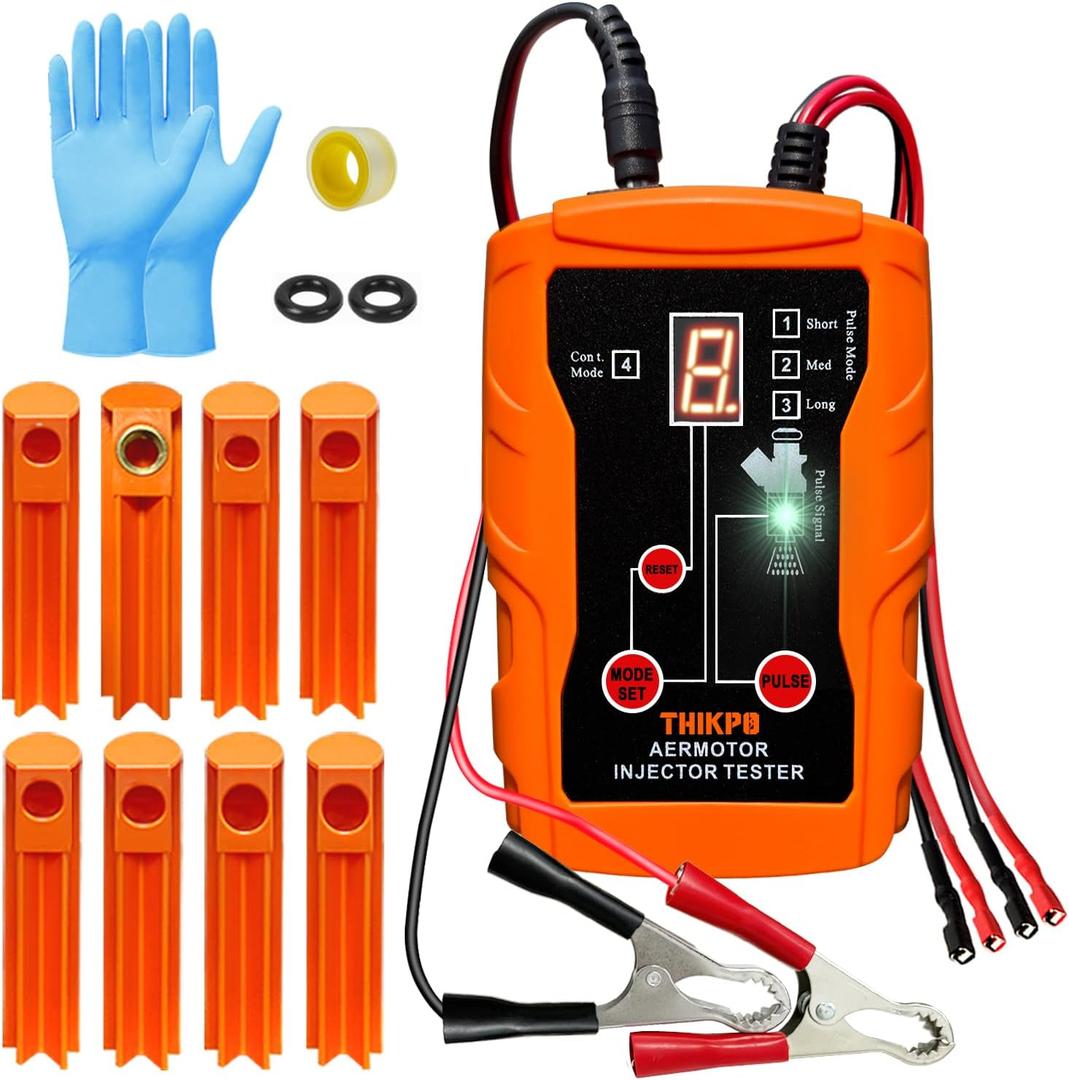 THIKPO Fuel Injector Tester and Cleaner Tool Kit, DIY Cleaning Tool Kit, 8 Pulse Modes for Injector Tester, 2 Fuel Injectors Simultaneously Test, 4 Size Cleaning Adapters, 12V/5V Output Power (Orange)