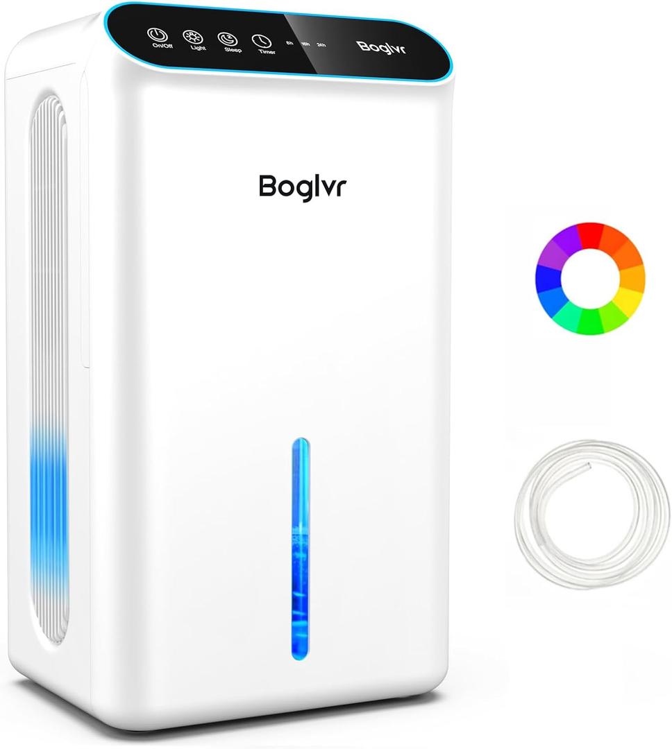Dehumidifier for Home up to 1000 sq.ft, 98oz Small Quiet Dehumidifier with Drain Hose, 3 Timer Modes, Auto Shut Off, Aromatherapy & 7 Color Light for Bedroom, Bathroom, Basement (Sliver White)