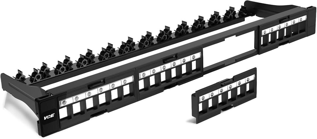 VCE Cat6 Patch Panel 24 Port, 1U Blank Removable Panel with Adjustable Rear Cable Management Bar for RJ45, HDMI, Coax, Speaker Keystones, 19 inch, 1 Pack