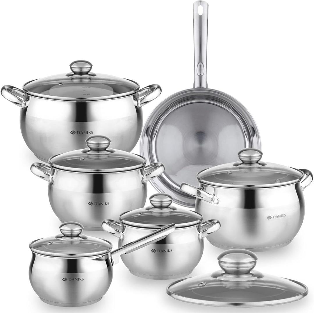 Daniks Classic 12-Piece Stainless Steel Cookware Set with Glass Lids, Includes Saucepan and Frying Pan with Lid, Tri-Ply Bases for Even Heating, Induction Compatible, Dishwasher Safe, 12-pcs Set