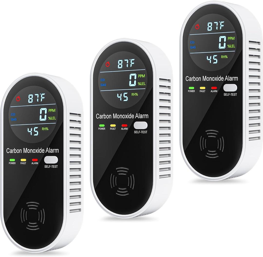 4-in-1 Combination Natural Gas Leak and Carbon Monoxide Detectors, Plug in CO Alarm with Temperature & Humidity LCD Display for Home and Travel (3 Packs)
