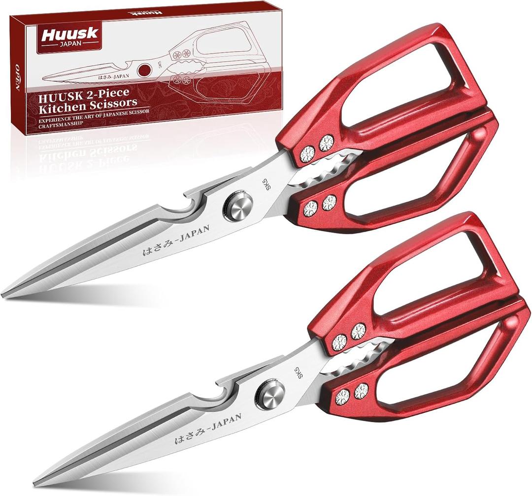 Huusk Kitchen Scissors Set Red - Japanese Kitchen Shears, Heavy Duty Poultry Shears, Sharp Meat Scissors for Food, Chicken Bones, and Turkey, Christmas Gifts for Women, Men