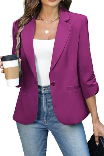 ELLEVEN Womens Blazer Business Casual Suit Jacket Slim Fit Fitted Ruched 3/4 Sleeve Petite Crop Blazer Dressy Full Lining Lightweight Outfits Coat Cardigan with Padded Shoulder Rose Red Size Medium