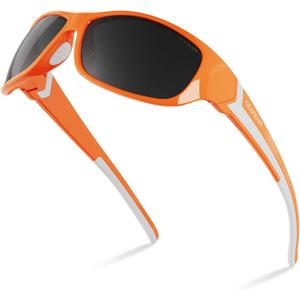 DEAFRAIN Polarized Sports Sunglasses for Men Women Driving Fishing Cycling Running UV Protection, Frame: Gloss Orange+white / Lens: Black
