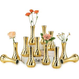 NUPTIO Glass Bud Vase Gold: 12 Pcs Small Flower Vases for Wedding Party Table Centrepiece - Vintage Ribbed Vase for Home Birthday Reception Decorations